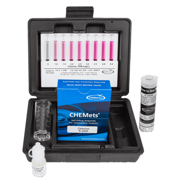A CHEMets chlorine and chloramine test kit