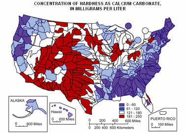 Map of water hardness across the US