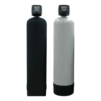 One black and one gray Plumber's Choice whole-house carbon water filters