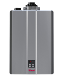 The image shows a Rinnai RSC model series tankless water heater. 
