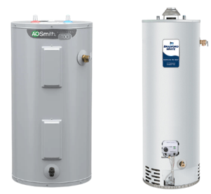 The image shows an A.O. Smith conventional water heater to left of a Bradford White conventional water heater.