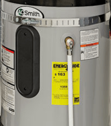 The image shows a snapshot of an energy guide label located on the side of A.O. Smith conventional water heater.