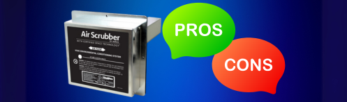The image shows an air scrubber with a green circle that says pro and a red circle that says no