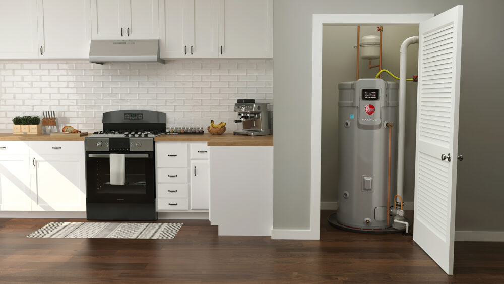 A tank-style water heater installed inside an utility closet in a home.
