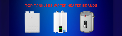 The banner reads best tankless water heater brands with three tankless units.