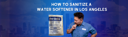 The image shows a water softener with a sanitizer packet and a technician looking at the two items.