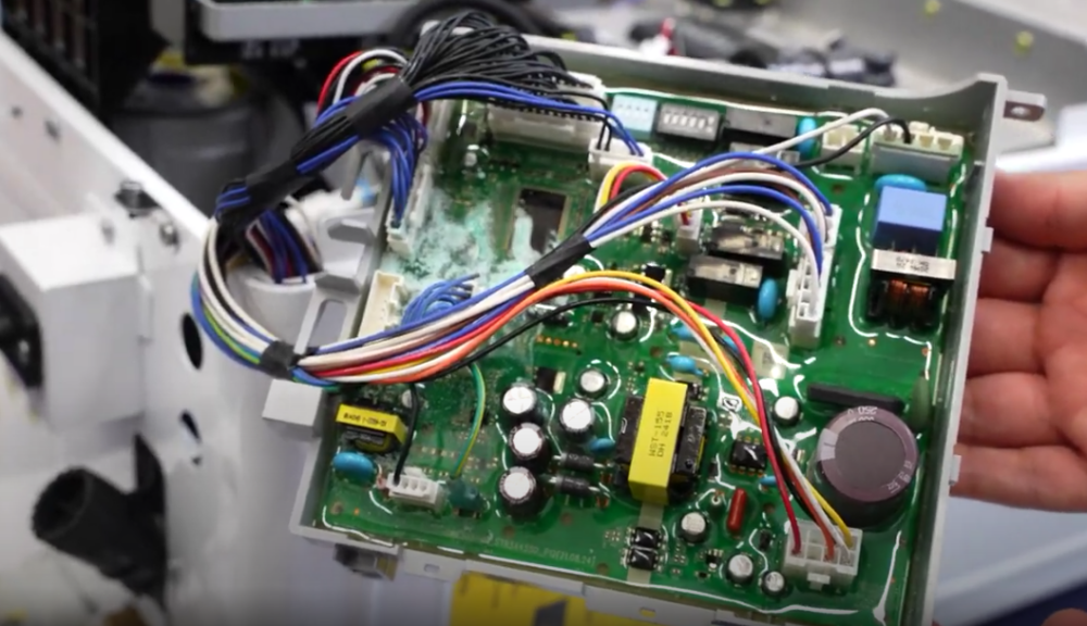 A electrical board of a tankless water heater.