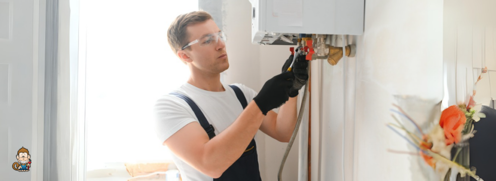 The image shows a technician servicing a tankless water heater. 