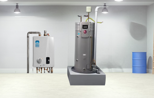 The image shows a tankless and tank-style water heaters in a garage.